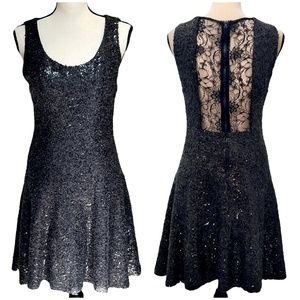 ALICE AND OLIVIA BLACK SEQUIN FIT & FLARE SLEEVELESS DRESS W SHEER LACE BACK